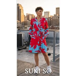 NWT Suki So Satin Floral Wrap Dress Pink Blue Statement Sleeve Dress